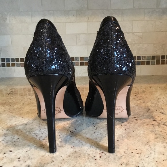 Lucy Choi London Black Glitter Cut Out Heels